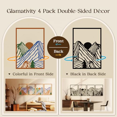 Glamativity 4 Pcs Colorful And Black Double-Sided Abstract Mountain Metal Wall Art , Mountain Line Art Décor, 3D Textured Minimalist Wall Decor, Rustic Nature Wall Décor for Living Room Bedroom Study (Mountain, M Size 17 x 12'') - Image 2