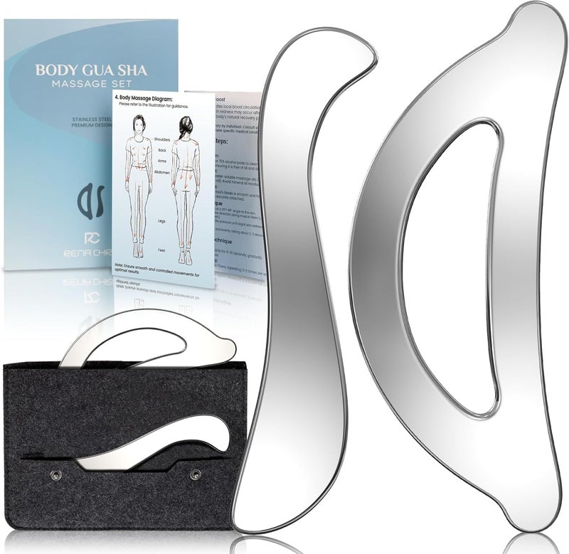 رينا كريس أدوات رينا كريس للوجه من نوع غوا شا ( Gua Sha Facial Tools) - مجموعة أدوات من الفولاذ المقاوم للصدأ لتقشير العضلات، مخصصة للعلاج الطبيعي وتدليك الأنسجة العميقة، بالإضافة إلى أدوات لتدليك الجسم من نوع غوا شا، مع حقيبة سفر (مجموعة مكونة من قطعتين). - Image 1