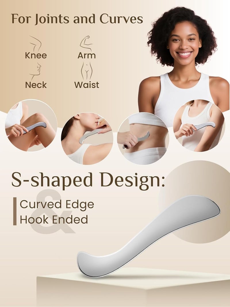 رينا كريس أدوات رينا كريس للوجه من نوع غوا شا ( Gua Sha Facial Tools) - مجموعة أدوات من الفولاذ المقاوم للصدأ لتقشير العضلات، مخصصة للعلاج الطبيعي وتدليك الأنسجة العميقة، بالإضافة إلى أدوات لتدليك الجسم من نوع غوا شا، مع حقيبة سفر (مجموعة مكونة من قطعتين). - Image 4