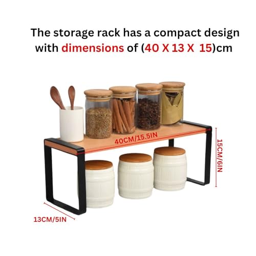 Decorlay Metal & Wooden Spice Rack Organizer Space Saver Counter-top Storage for Kitchen, Bathroom, Office, and Cosmetics (Black + Beech, Single - Tier) - Image 3