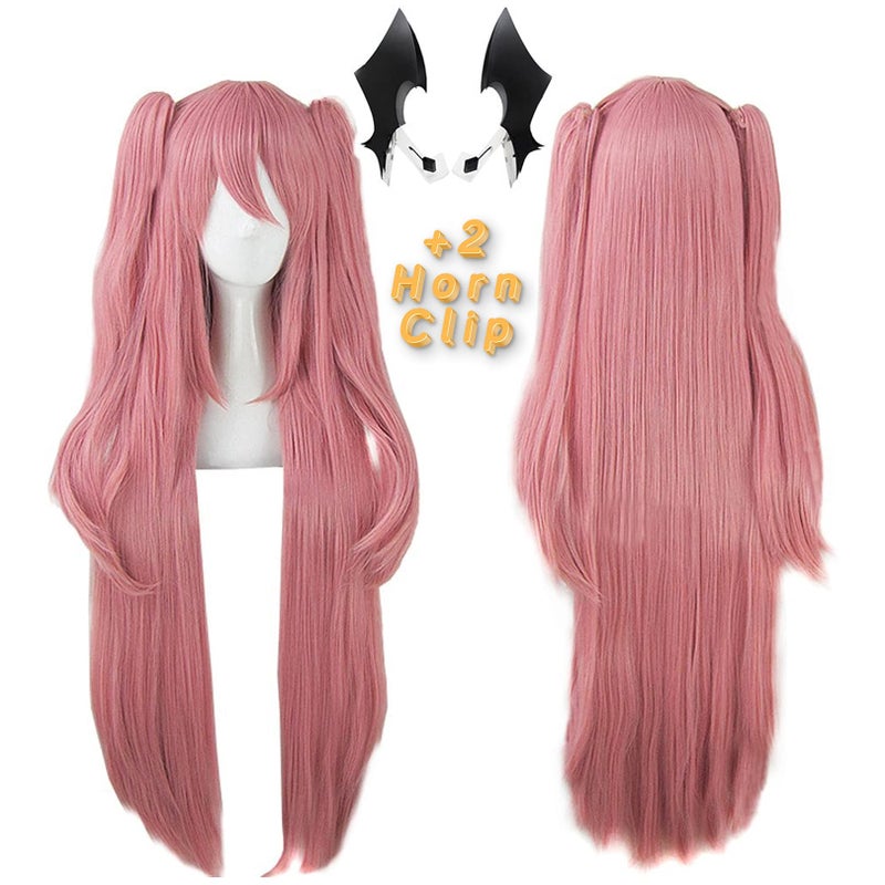 ANOGOL Hair Cap+ 3PCS Set (1 *Headwear) Long Pink Wig Anime Cosplay Hair Clip On Ponytails Pink Synthetic Wig Vampire Cosplay for Women Girls Anime Cartoon Costume Party Halloween Christmas - Image 2