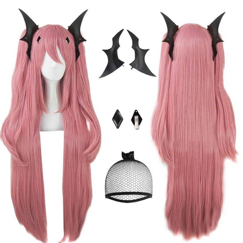 ANOGOL Hair Cap+ 3PCS Set (1 *Headwear) Long Pink Wig Anime Cosplay Hair Clip On Ponytails Pink Synthetic Wig Vampire Cosplay for Women Girls Anime Cartoon Costume Party Halloween Christmas - Image 1