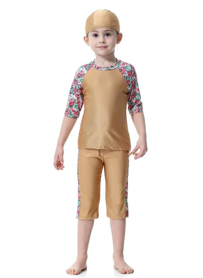 Loquat - 3-Piece Girls Fast Dry Round Neck Flower Split Swimsuit Muslim Conservative Islamic Swimwear With Cap Set Gold - Image 1