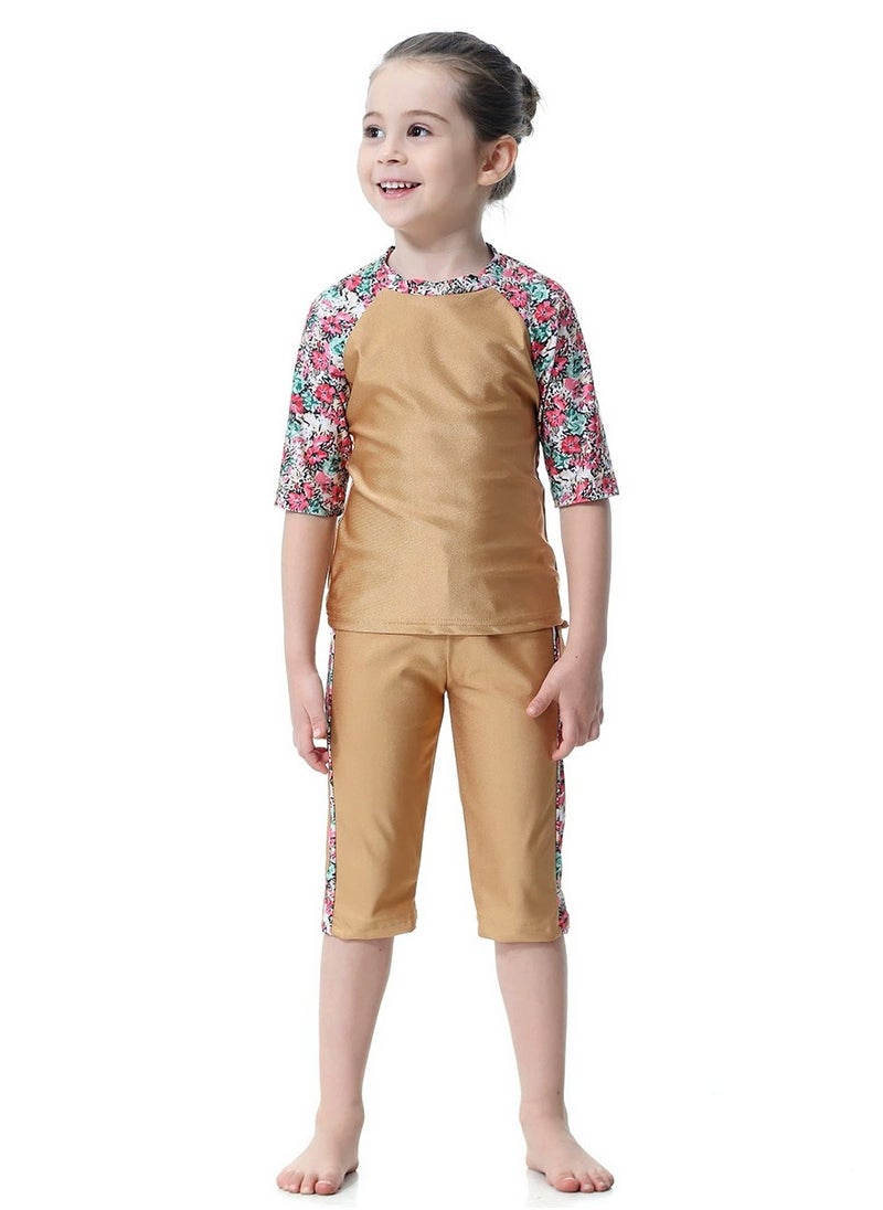 Loquat - 3-Piece Girls Fast Dry Round Neck Flower Split Swimsuit Muslim Conservative Islamic Swimwear With Cap Set Gold - Image 1