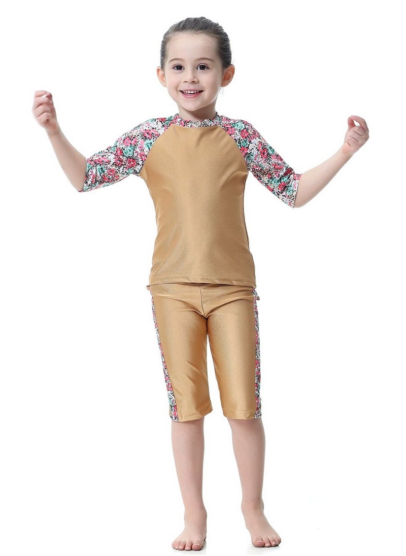 Loquat - 3-Piece Girls Fast Dry Round Neck Flower Split Swimsuit Muslim Conservative Islamic Swimwear With Cap Set Gold - Image 1