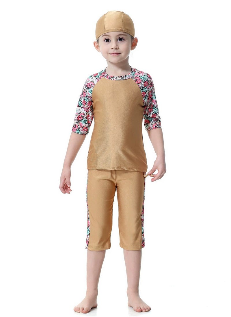 Loquat - 3-Piece Girls Fast Dry Round Neck Flower Split Swimsuit Muslim Conservative Islamic Swimwear With Cap Set Gold - Image 1