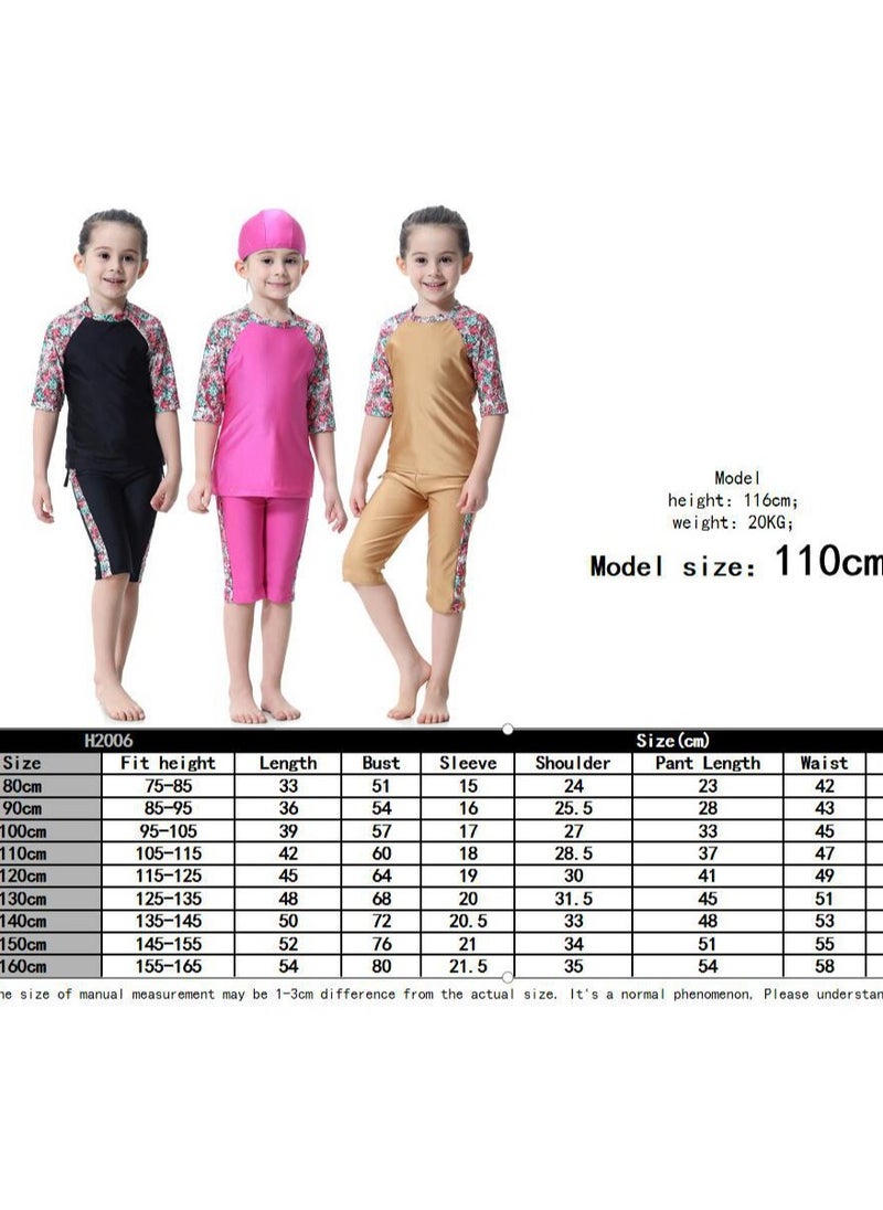Loquat - 3-Piece Girls Fast Dry Round Neck Flower Split Swimsuit Muslim Conservative Islamic Swimwear With Cap Set Gold - Image 1