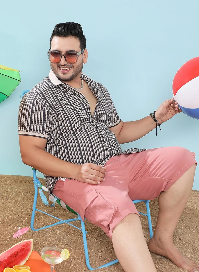 Instafab Plus Instafab Plus Men's Light Grey & Navy Blue Contrast Knitted Shirt For Casual Wear | Spread Collar | Short Sleeve | Button Closure | Cotton Shirts Crafted With Comfort Fit For Everyday Wear