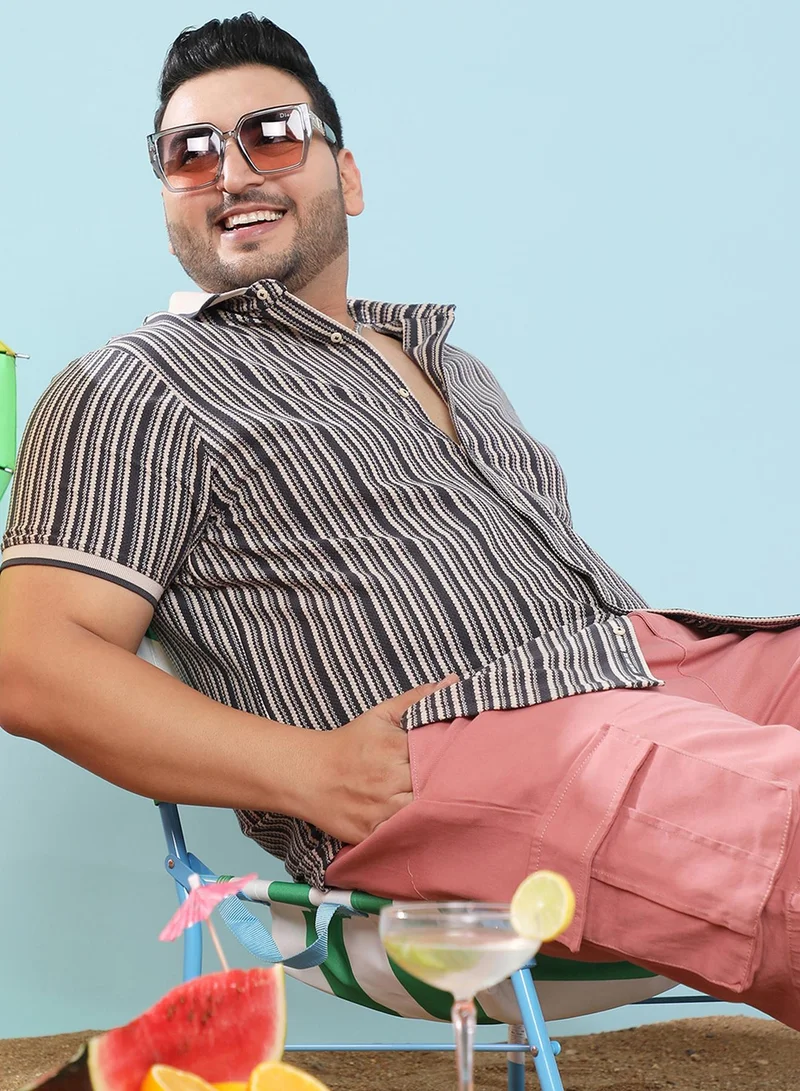 Instafab Plus Instafab Plus Men's Light Grey & Navy Blue Contrast Knitted Shirt For Casual Wear | Spread Collar | Short Sleeve | Button Closure | Cotton Shirts Crafted With Comfort Fit For Everyday Wear