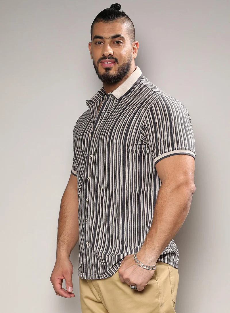 Instafab Plus Instafab Plus Men's Light Grey & Navy Blue Contrast Knitted Shirt For Casual Wear | Spread Collar | Short Sleeve | Button Closure | Cotton Shirts Crafted With Comfort Fit For Everyday Wear