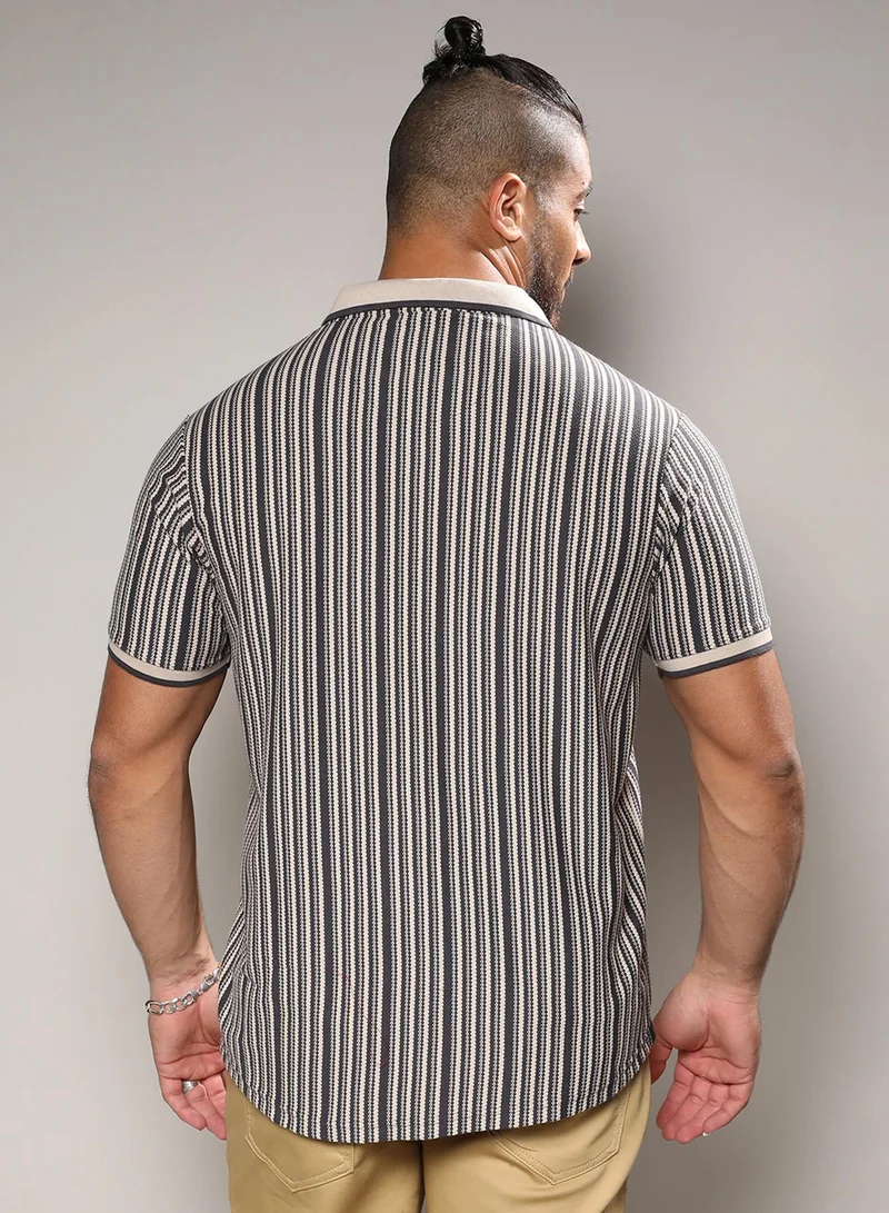 Instafab Plus  Instafab Plus Men's Light Grey & Navy Blue Contrast Knitted Shirt For Casual Wear | Spread Collar | Short Sleeve | Button Closure | Cotton Shirts Crafted With Comfort Fit For Everyday Wear for Men | Best Price UAE