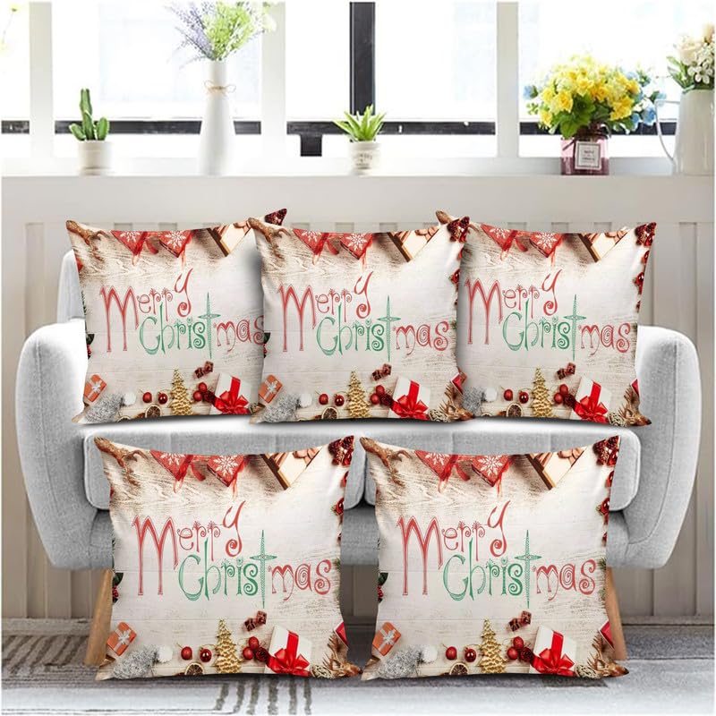 BMRGIFTS Soft Fabric Designer Decorative Printed Merry Christmas Theme Cushion Cover Xmas Decorations for Sofa Living Room Set of 5 12 x 12 inch Multi (CHMCC92) - Image 1