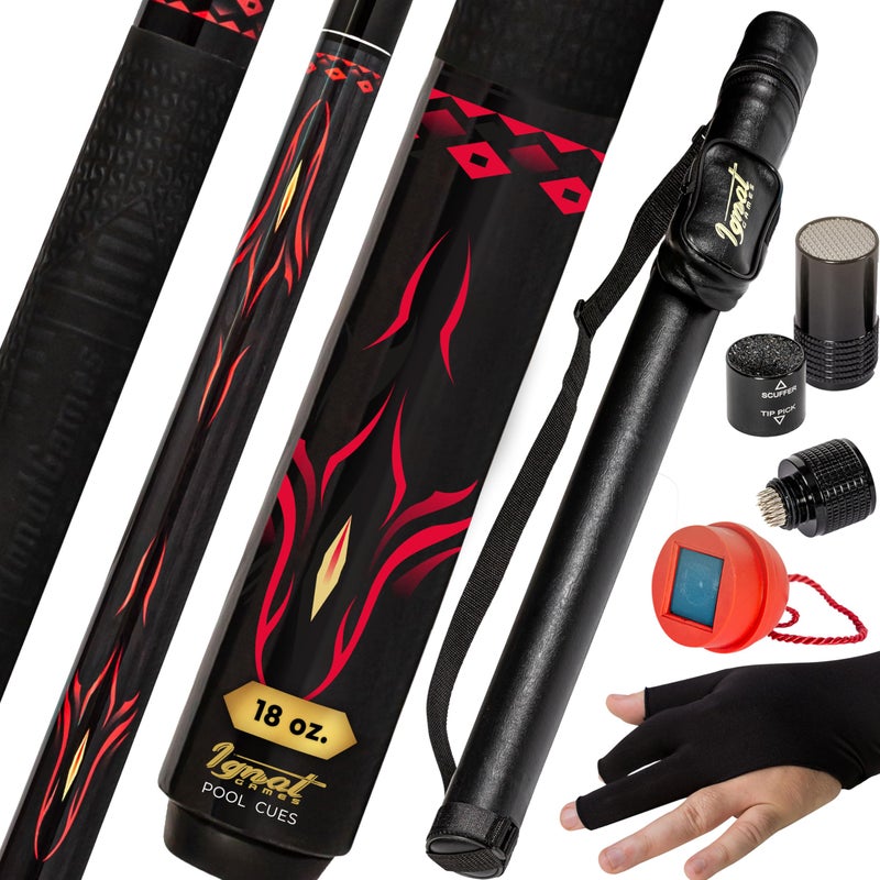 IgnatGames Professional Pool Cue Set 58 2Piece Canadian Maple Stick with Low Deflection Shaft Hard Case Tip Maintenance Tool and Accessories