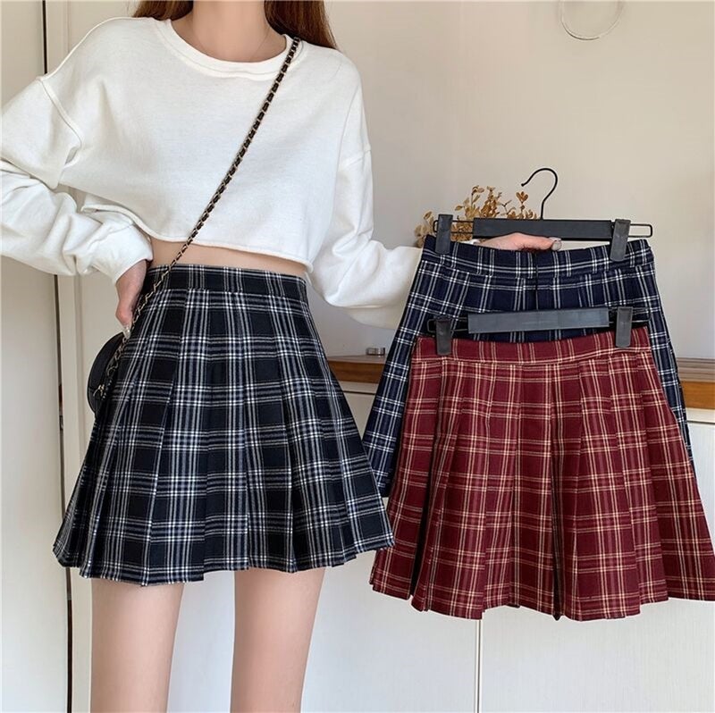 Women's High Waist A-line Plaid Pleated Mini Skirt - Image 1