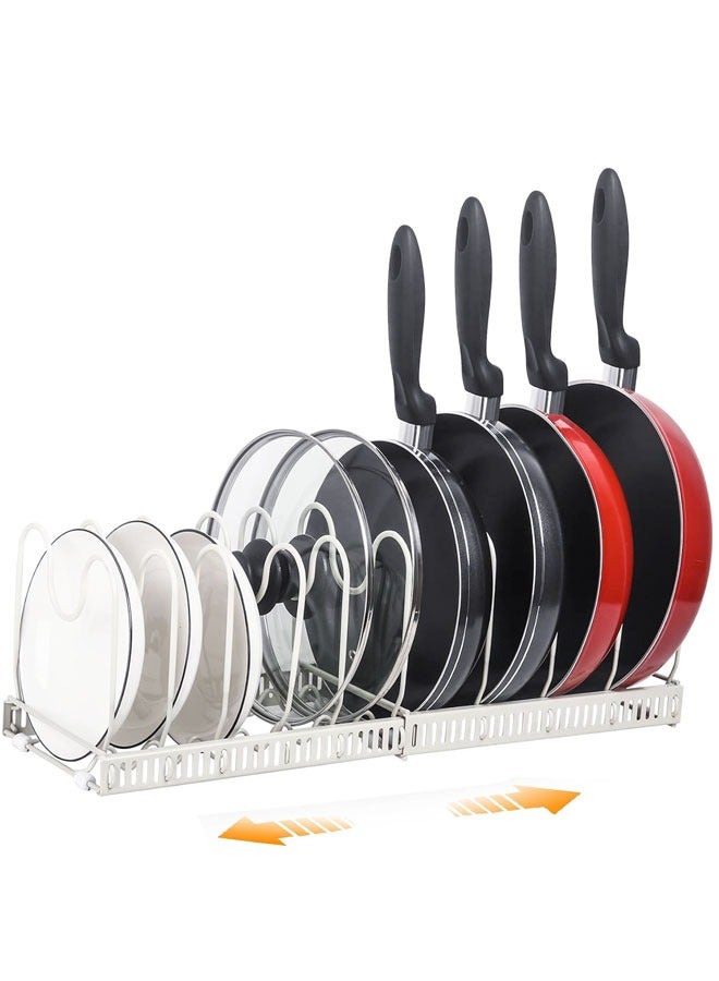 HAWAWA Pots and Pans Organizer Rack for Under Cabinet, Expandable Pot Lid Holder with 10 Adjustable Compartment for Kitchen Cabinet Cookware Baking Frying Rack White - Image 1