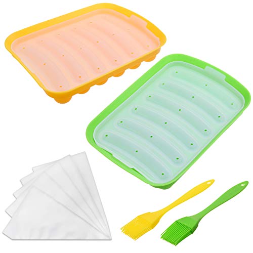 Kare Kind 2x Silicone Sausage Molds NonStick Flexible Hotdog Maker 6Cavity Baking Cooking Steaming Container DIY Homemade Sausages Includes 2x Silicone Mini Brushes and 20x Pastry Bags