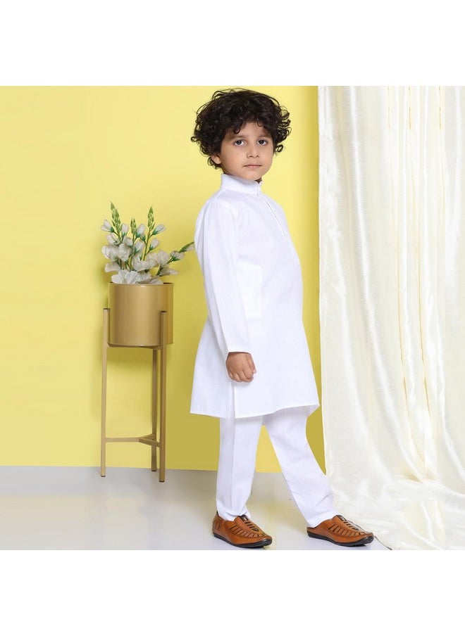 AJ Dezines - AJ DEZINES Kids Cotton Full Sleeve Solid White Kurta Pajama Set for Boys - Ethnic wear | Special Occasion & Party Outfit | Mandarin Collar Kurta for boys - Regular Fit (1251-WHITE-3) - Image 1