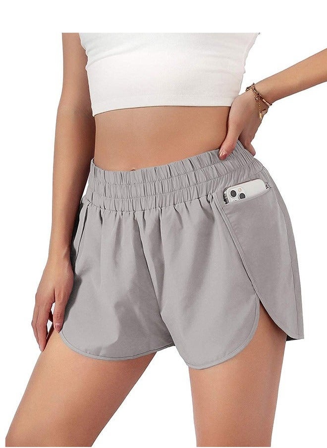 Women Athletic Shorts with Zip Pockets, Quick-Dry Workout Shorts High Waisted Sports Running Shorts with Liner, Sports Workout Gym Biker Elastic Waist Shorts(Gray M)  - Image 1