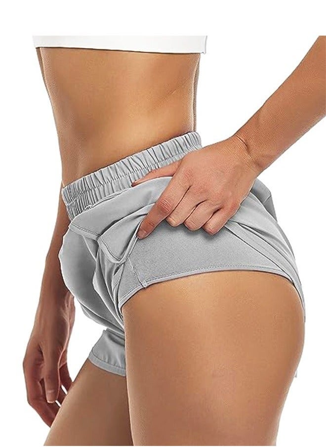 Women Athletic Shorts with Zip Pockets, Quick-Dry Workout Shorts High Waisted Sports Running Shorts with Liner, Sports Workout Gym Biker Elastic Waist Shorts(Gray M)  - Image 3
