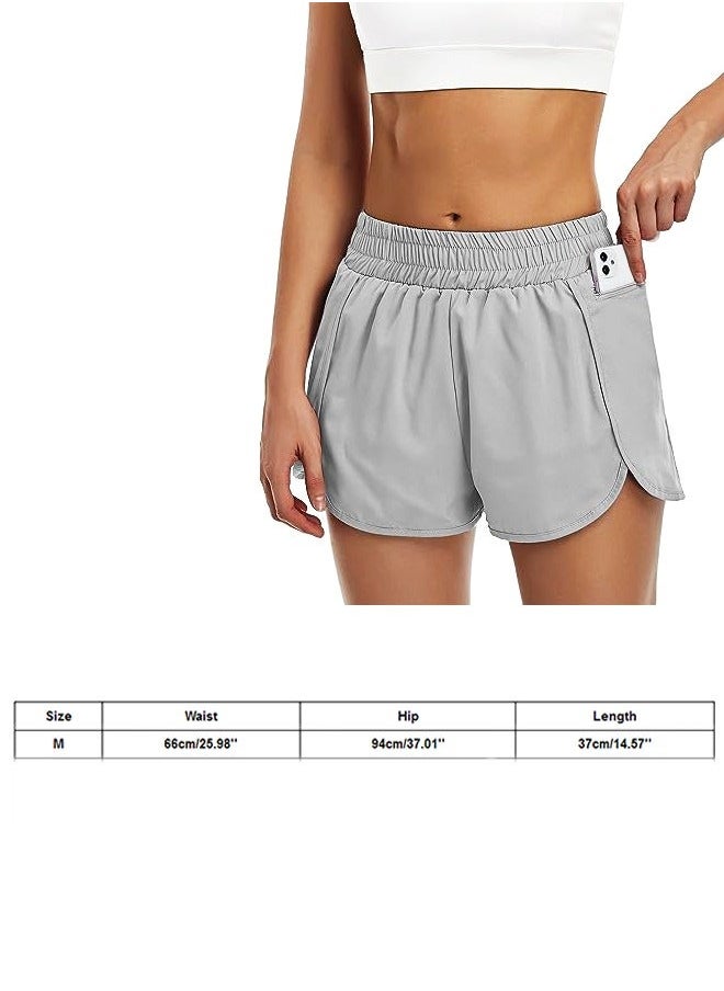 Women Athletic Shorts with Zip Pockets, Quick-Dry Workout Shorts High Waisted Sports Running Shorts with Liner, Sports Workout Gym Biker Elastic Waist Shorts(Gray M)  - Image 2