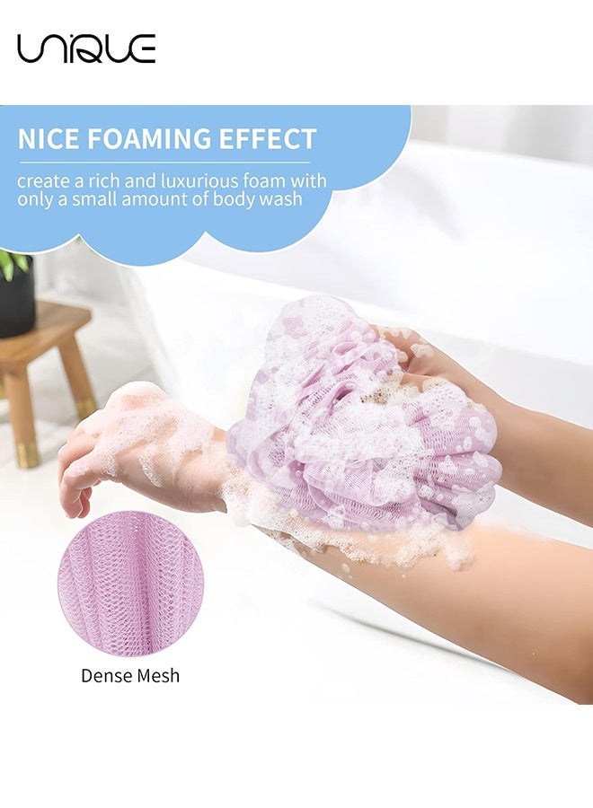 يونيك دش لوفة الإسفنج - عبوة 2 إسفنجة طويلة مطاطية للظهر مع مقابض حبل - جهاز تنظيف خلفي للاستحمام مقشر الجسم لوفا مطاطية للنساء والرجال (وردي وأرجواني فاتح) - Image 3