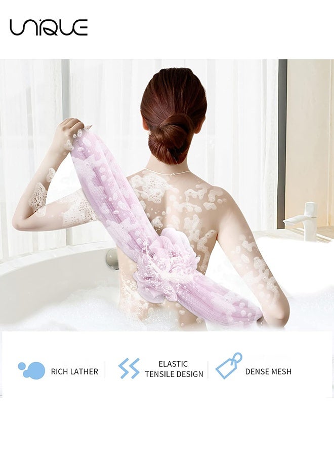 يونيك دش لوفة الإسفنج - عبوة 2 إسفنجة طويلة مطاطية للظهر مع مقابض حبل - جهاز تنظيف خلفي للاستحمام مقشر الجسم لوفا مطاطية للنساء والرجال (وردي وأرجواني فاتح) - Image 4