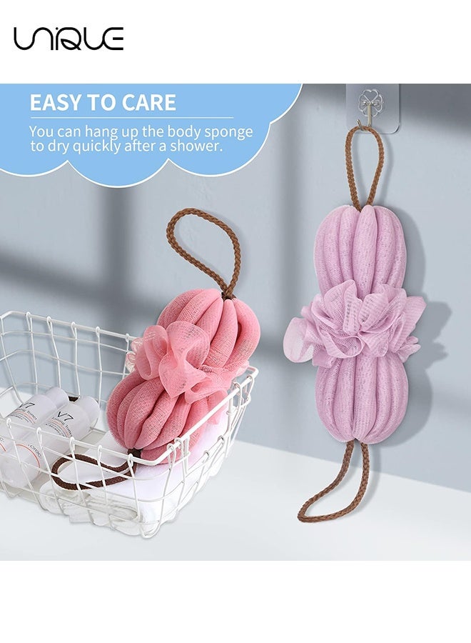 يونيك دش لوفة الإسفنج - عبوة 2 إسفنجة طويلة مطاطية للظهر مع مقابض حبل - جهاز تنظيف خلفي للاستحمام مقشر الجسم لوفا مطاطية للنساء والرجال (وردي وأرجواني فاتح) - Image 5