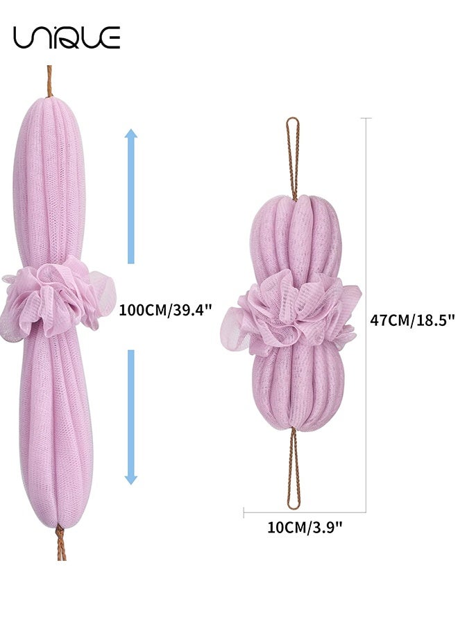 يونيك دش لوفة الإسفنج - عبوة 2 إسفنجة طويلة مطاطية للظهر مع مقابض حبل - جهاز تنظيف خلفي للاستحمام مقشر الجسم لوفا مطاطية للنساء والرجال (وردي وأرجواني فاتح) - Image 2