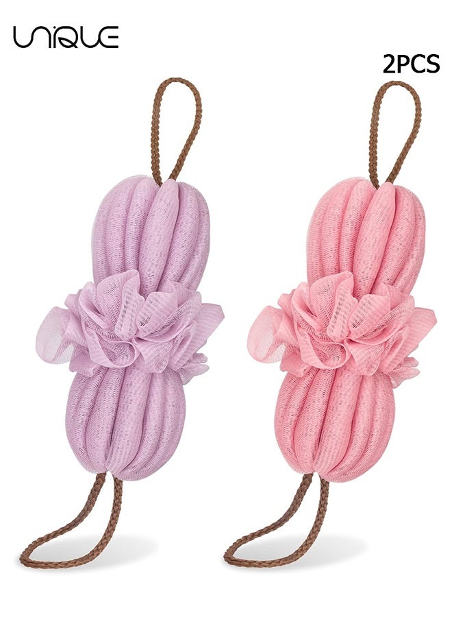 يونيك دش لوفة الإسفنج - عبوة 2 إسفنجة طويلة مطاطية للظهر مع مقابض حبل - جهاز تنظيف خلفي للاستحمام مقشر الجسم لوفا مطاطية للنساء والرجال (وردي وأرجواني فاتح) - Image 1