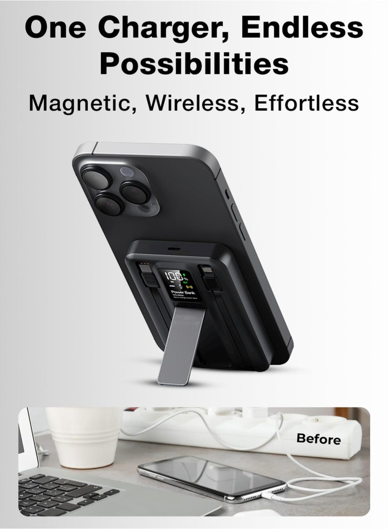 glassology 10000mAh Magsafe Power Bank with Stand & Cable Black PD 22.5W 15W Wireless Type C Input Output  Multi Device Charging  Dual Lights and Digital display Compatible with All Apple devices - Image 4