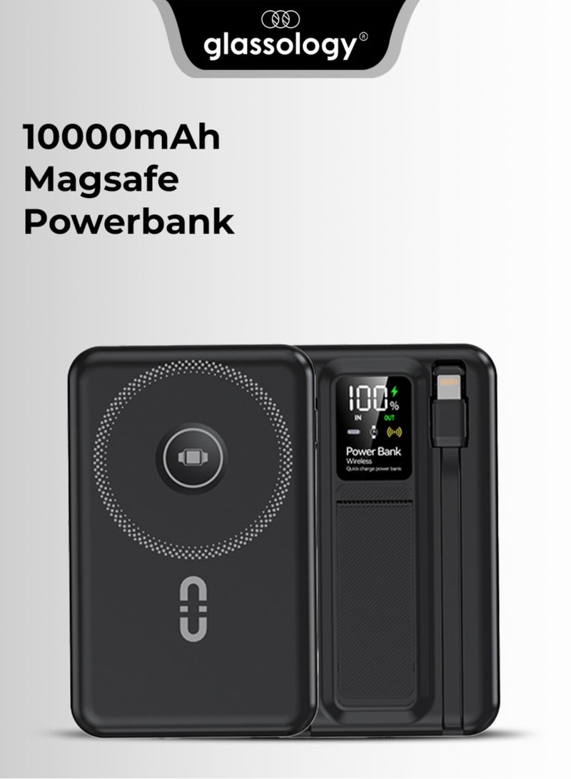 glassology 10000mAh Magsafe Power Bank with Stand & Cable Black PD 22.5W 15W Wireless Type C Input Output  Multi Device Charging  Dual Lights and Digital display Compatible with All Apple devices - Image 1