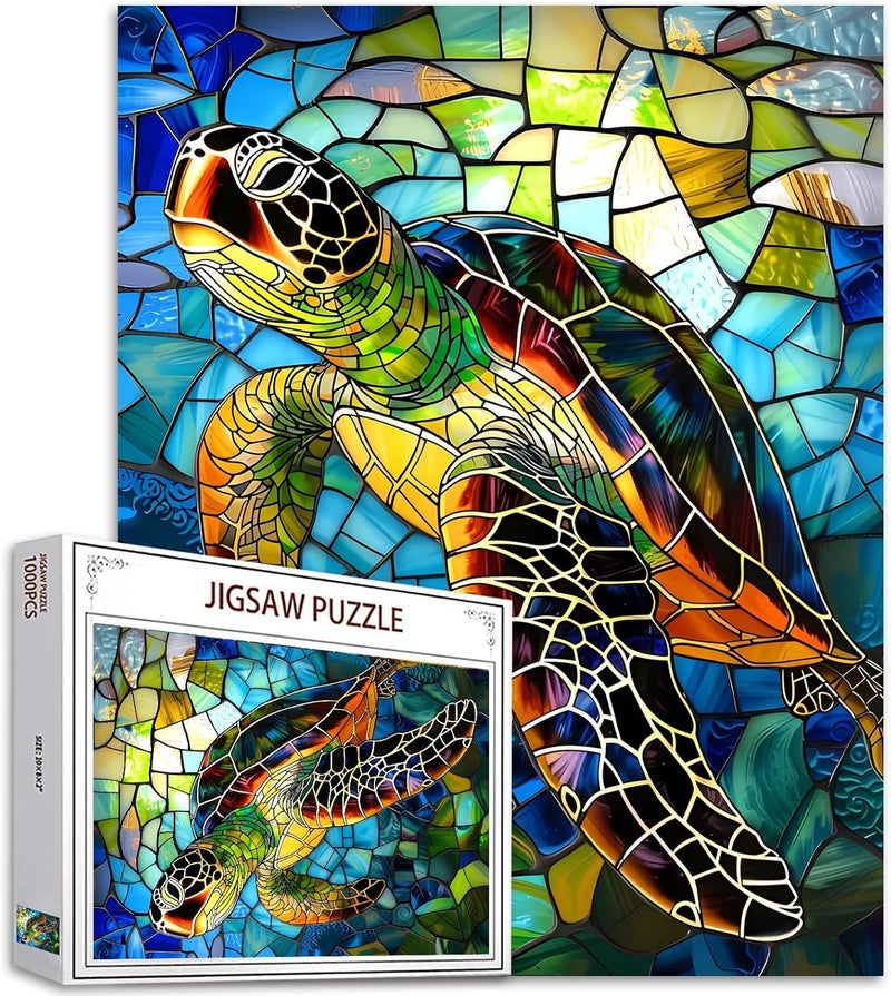 Tucocoo Jigsaw Puzzles 1000 Pieces for AdultsSea Turtle Glass Style Hardboard PuzzleChallenging Puzzle Perfect for Game NightsDIY Home Wall DecorArt Puzzles Colorful Stained Glass Sea Turtle 27 x 20 - Image 1