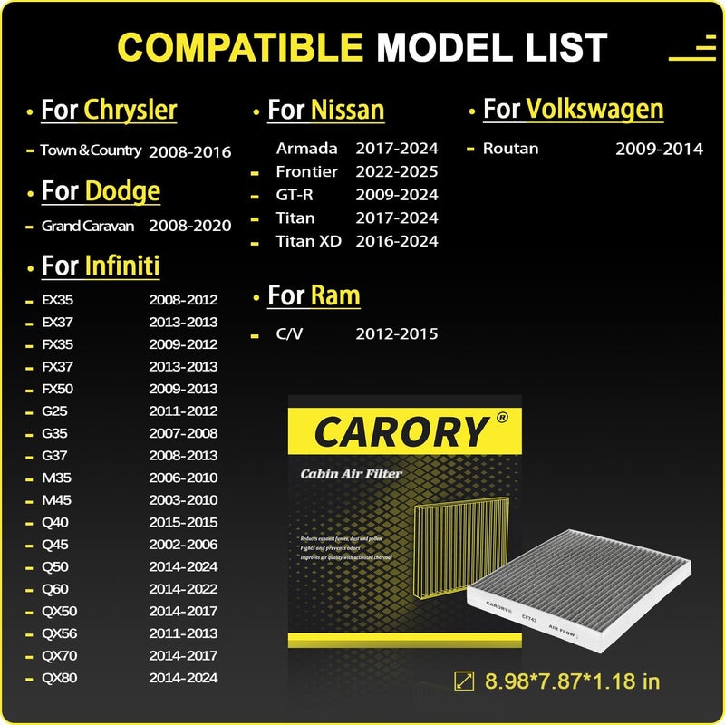 Carory Cabin Air Filter w/Activated Carbon for Nissan Frontier 2022-2025, Titan 2017-2024, Armada 2017-2024, Infiniti Q50 2014-2024, Chrysler Town & Country 2008-2016, Dodge Grand Caravan 2008-2020 & More - Image 2