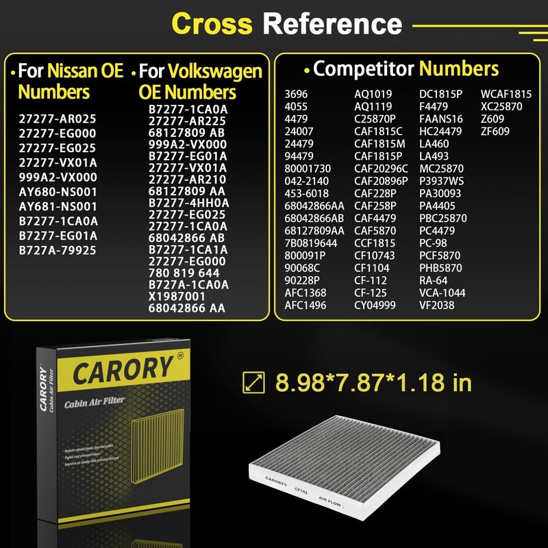 Carory Cabin Air Filter w/Activated Carbon for Nissan Frontier 2022-2025, Titan 2017-2024, Armada 2017-2024, Infiniti Q50 2014-2024, Chrysler Town & Country 2008-2016, Dodge Grand Caravan 2008-2020 & More - Image 3