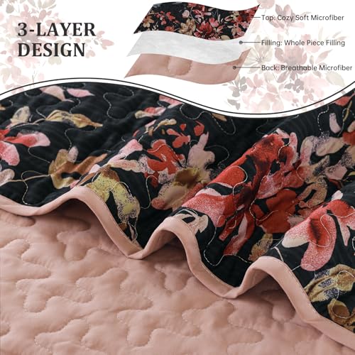 Dobuyly Floral Quilt Set Queen Size, Pink and Black Bedspreads Coverlet Set, 3 Pieces Soft Lightweight Microfiber Botanical Flowers Quilt Bedding Set for All Seasons 96"x90" - Image 5
