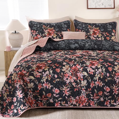 Dobuyly Floral Quilt Set Queen Size, Pink and Black Bedspreads Coverlet Set, 3 Pieces Soft Lightweight Microfiber Botanical Flowers Quilt Bedding Set for All Seasons 96"x90" - Image 1