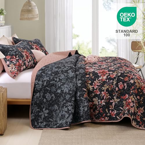 Dobuyly Floral Quilt Set Queen Size, Pink and Black Bedspreads Coverlet Set, 3 Pieces Soft Lightweight Microfiber Botanical Flowers Quilt Bedding Set for All Seasons 96"x90" - Image 3