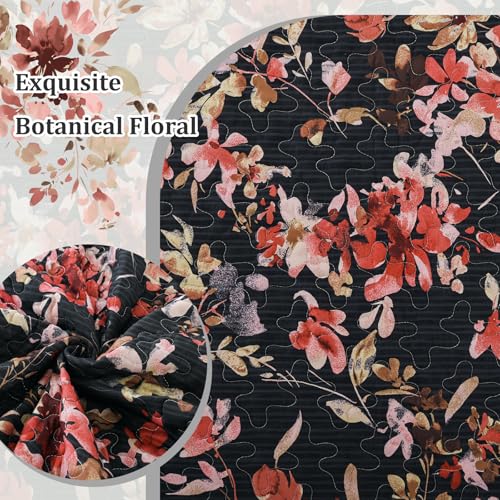 Dobuyly Floral Quilt Set Queen Size, Pink and Black Bedspreads Coverlet Set, 3 Pieces Soft Lightweight Microfiber Botanical Flowers Quilt Bedding Set for All Seasons 96"x90" - Image 4