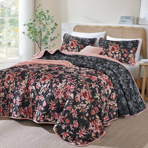 Dobuyly Floral Quilt Set Queen Size, Pink and Black Bedspreads Coverlet Set, 3 Pieces Soft Lightweight Microfiber Botanical Flowers Quilt Bedding Set for All Seasons 96"x90" - Image 2