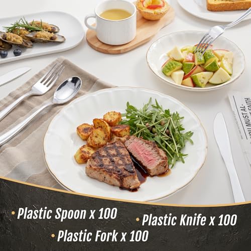 WDF 300 Pieces Silver Plastic Silverware - Plastic Silverware Heavy Duty - 100 Forks 100 Knives 100 Spoons - Disposable Silver Cutlery Perfect for Party/Wedding/Christmas - Image 3