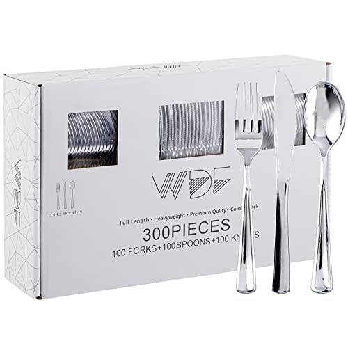 WDF 300 Pieces Silver Plastic Silverware - Plastic Silverware Heavy Duty - 100 Forks 100 Knives 100 Spoons - Disposable Silver Cutlery Perfect for Party/Wedding/Christmas - Image 1