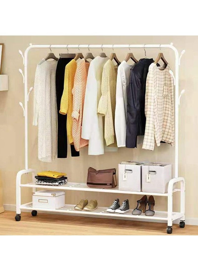 Rolling Clothes Rack, Metal Clothes Hanging Garment Rack, Heavy Duty Indoor Bedroom Clothes Coat Stand Shoes Rack with Top Rod and Lower Storage Shelf Coat Rack 2 layers-White - Image 5