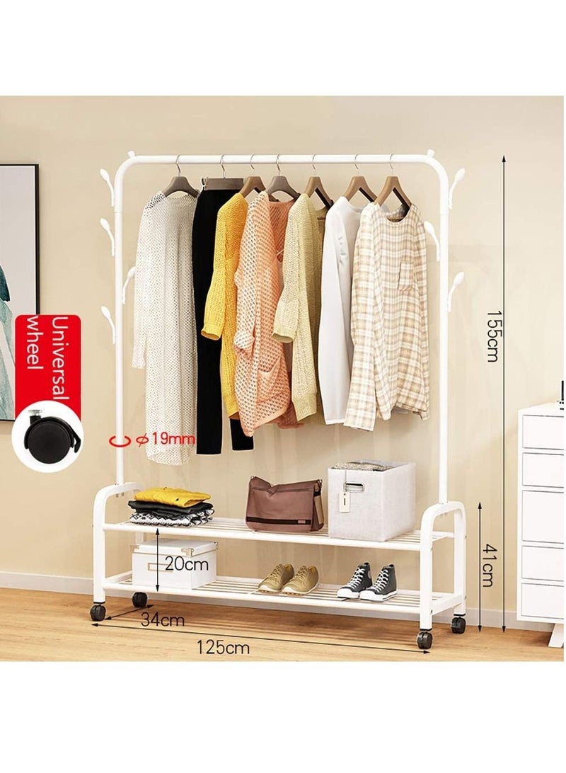 Rolling Clothes Rack, Metal Clothes Hanging Garment Rack, Heavy Duty Indoor Bedroom Clothes Coat Stand Shoes Rack with Top Rod and Lower Storage Shelf Coat Rack 2 layers-White - Image 2