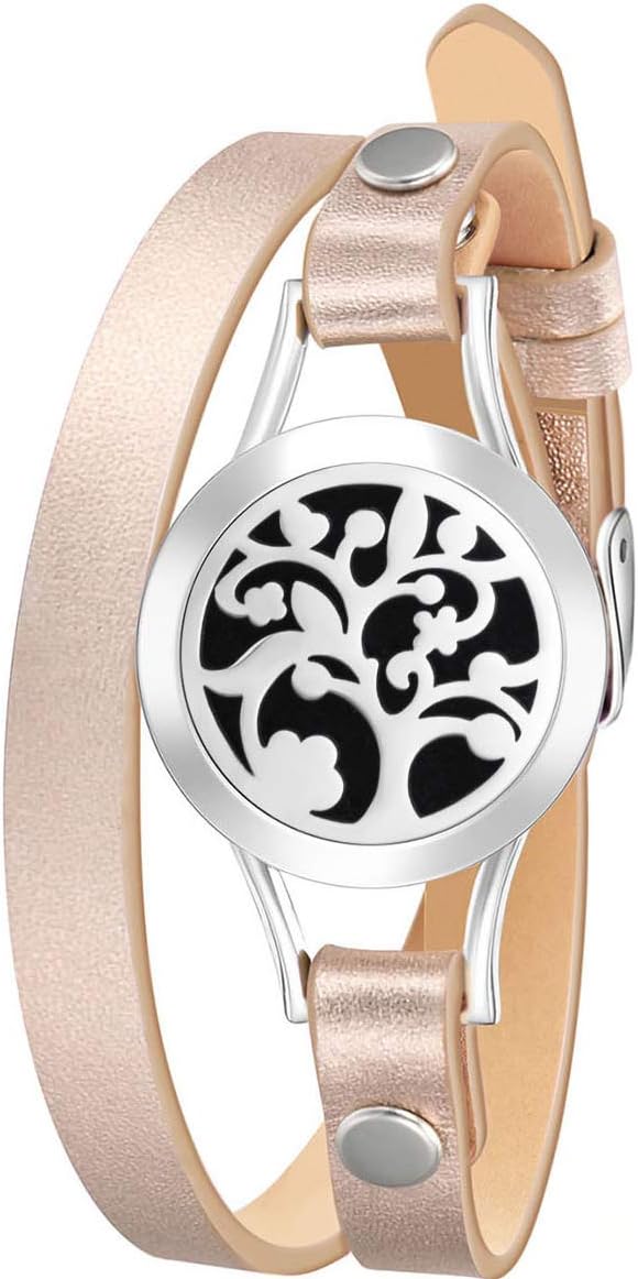 mEssentials Wild Essentials Arbol Tree Essential Oil Bracelet Diffuser, Leather Wrap Band, Stainless Steel Locket Pendant, 12 Color Refill Pads, Customizable Color Changing Perfume Jewelry for Aromatherapy 