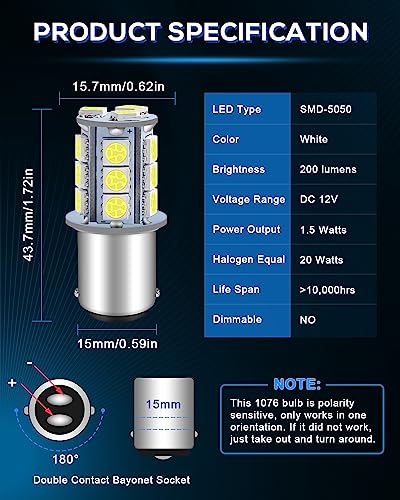 Alopee 12pcs 1142 LED Bulb DC 12 Volt 1076 LED Bulb for RV Bright White 1004 LED Bulb Double Contact Bayonet Socket RV Camper Lights Trailer Boat Lights 5050 18SMD - Image 2