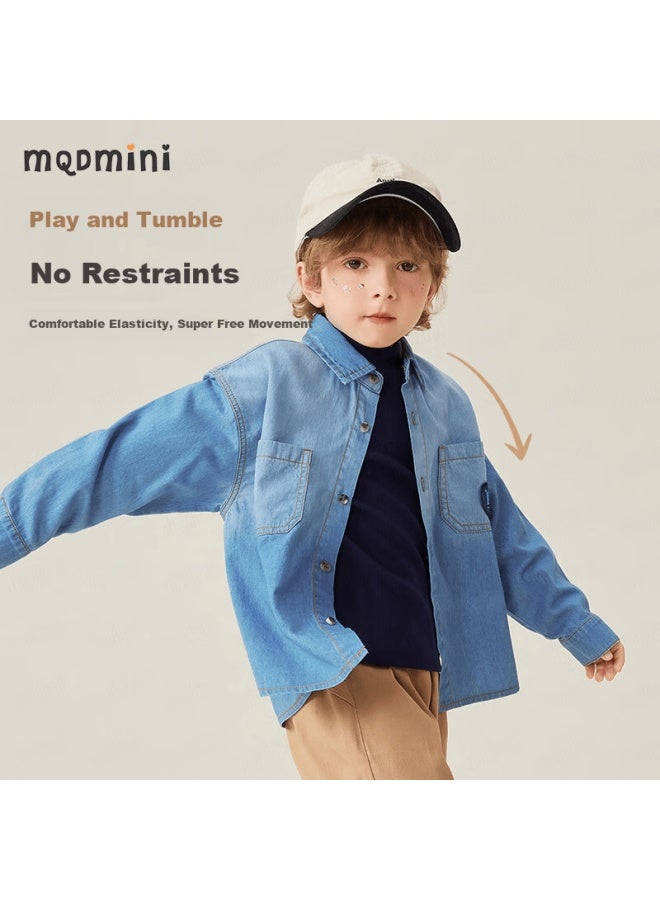 Mqdmini Boys Denim Shirt Children's Jacket Spring Retro Stylish Korean Small Turn-down Collar Infant Shirt - Image 2