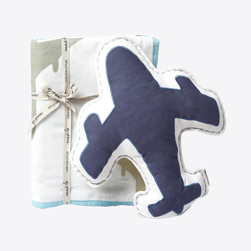 Masilo Organic Cotton Baby Blanket with Toy for Newborn/Infant-Quilted Blanket Combo-1X Blanket, 1X Toy, Airplane-Blue - Image 1