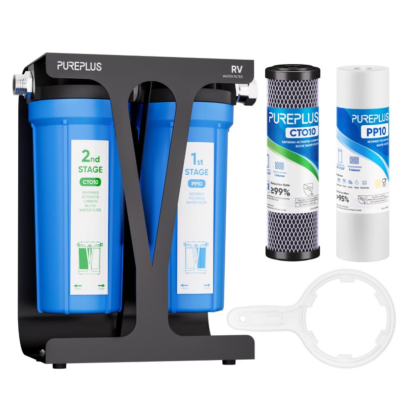 Pure Plus PUREPLUS RV Dual Stage Water Filter System with Two Cartridges and Mounting Bracket, NSF/ANSI 42 Certified, Reduces Sediment, Chlorine, Odors and More, Stainless Steel 3/4" Fittings - Image 1