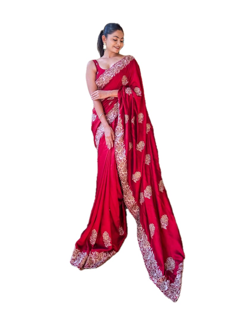 Grab Mantra Satin Silk Red Sari Having Golden Stone And Zari Work Border All Over Plus Unstitched Blouse  - Image 2