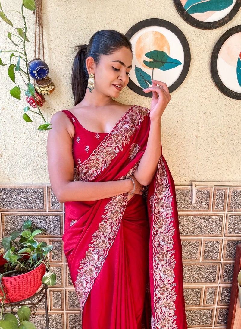 Grab Mantra Satin Silk Red Sari Having Golden Stone And Zari Work Border All Over Plus Unstitched Blouse  - Image 3